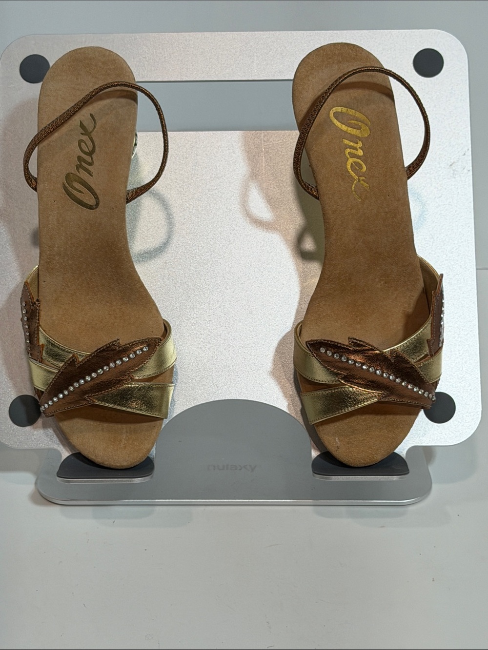 Onex Metallic Bronze Gold Rhinestone Embellished Slingback Dress Sandals Sz 5